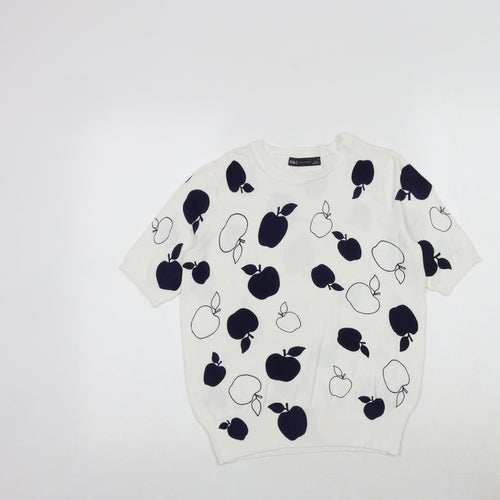 Marks and Spencer Womens White Round Neck Geometric Viscose Pullover Jumper Size 8 - Apple Print