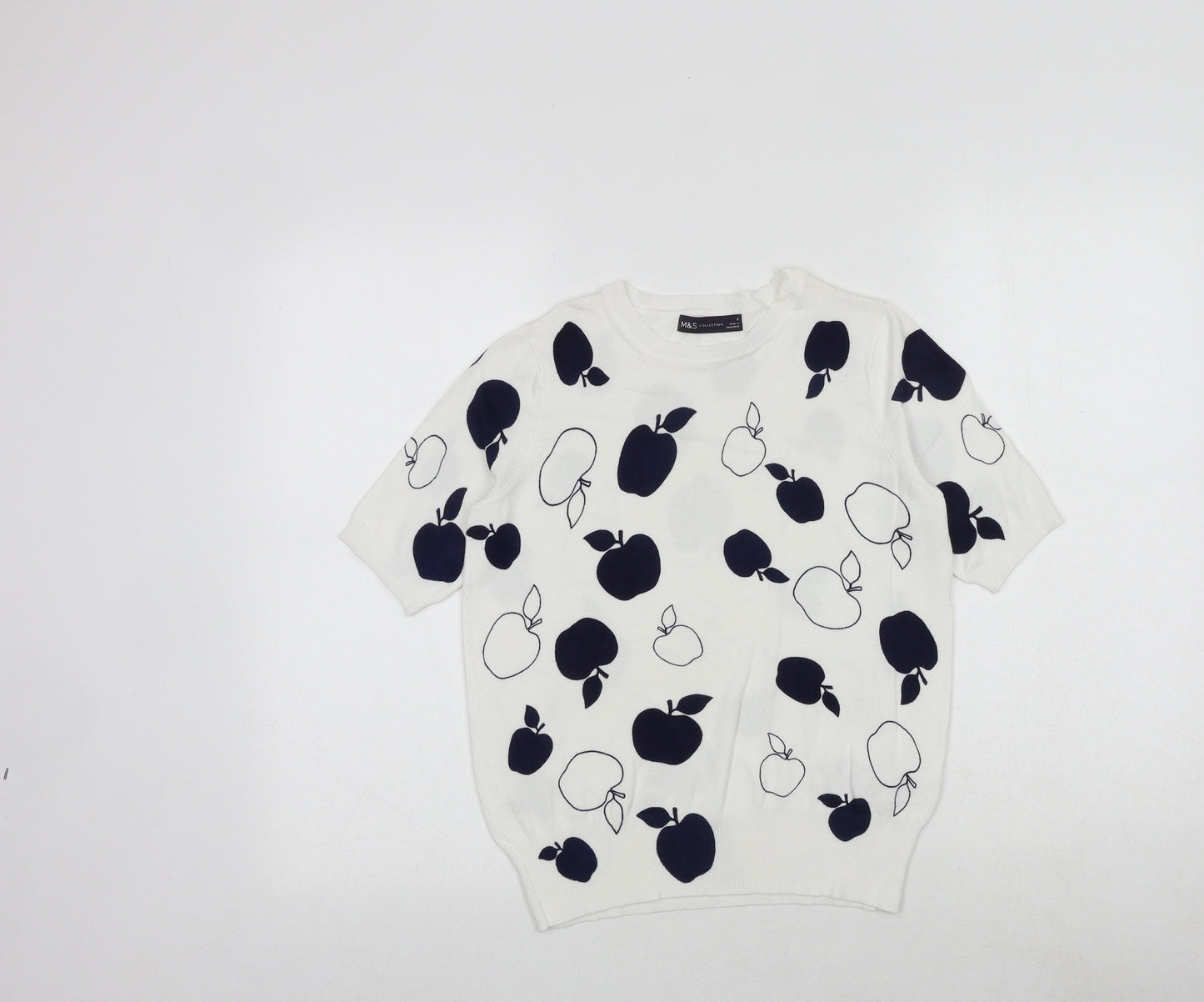 Marks and Spencer Womens White Round Neck Geometric Viscose Pullover Jumper Size 8 - Apple Print