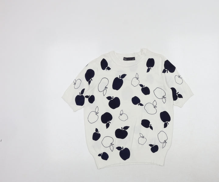 Marks and Spencer Womens White Round Neck Geometric Viscose Pullover Jumper Size 8 - Apple Print