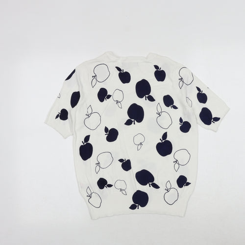 Marks and Spencer Womens White Round Neck Geometric Viscose Pullover Jumper Size 8 - Apple Print