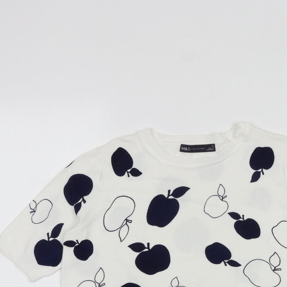 Marks and Spencer Womens White Round Neck Geometric Viscose Pullover Jumper Size 8 - Apple Print