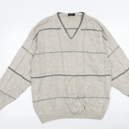 BHS Mens Brown V-Neck Striped Acrylic Pullover Jumper Size M Long Sleeve