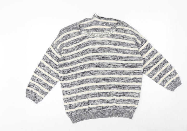 Dorothy Perkins Womens Grey Boat Neck Striped 100% Cotton Pullover Jumper Size 14 - Embellished Neckline