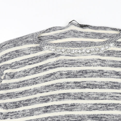 Dorothy Perkins Womens Grey Boat Neck Striped 100% Cotton Pullover Jumper Size 14 - Embellished Neckline