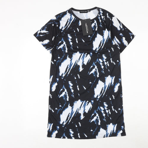 PRETTYLITTLETHING Womens Black Geometric Polyester T-Shirt Dress Size 4 Round Neck Pullover