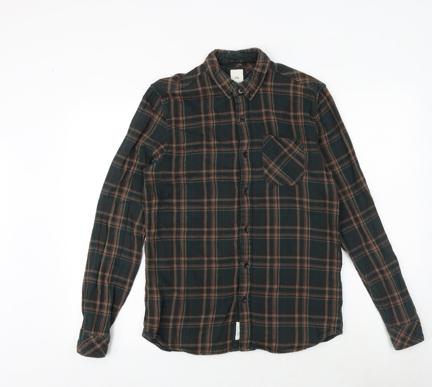 River Island Mens Green Plaid Cotton Button-Up Size S Collared Button