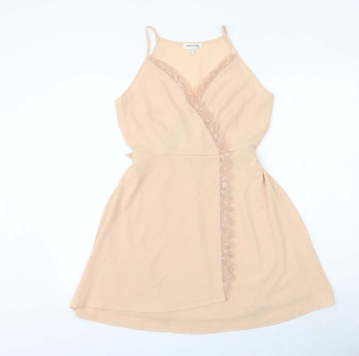 Monteau Womens Pink Polyester Fit & Flare Size L V-Neck Tie