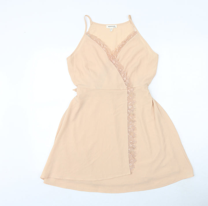 Monteau Womens Pink Polyester Fit & Flare Size L V-Neck Tie