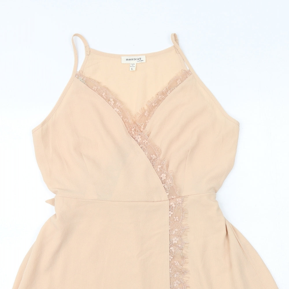 Monteau Womens Pink Polyester Fit & Flare Size L V-Neck Tie