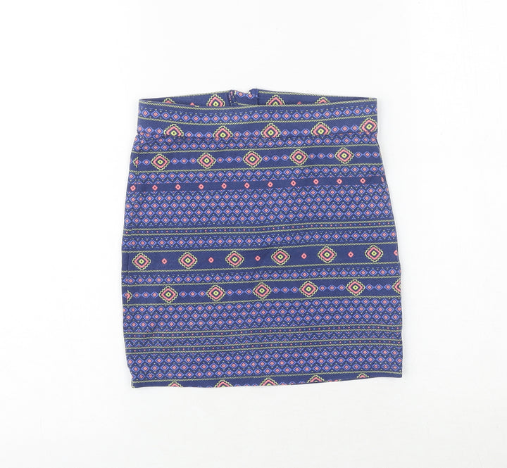 New Look Girls Blue Geometric Cotton Bandage Skirt Size 10-11 Years Regular Zip