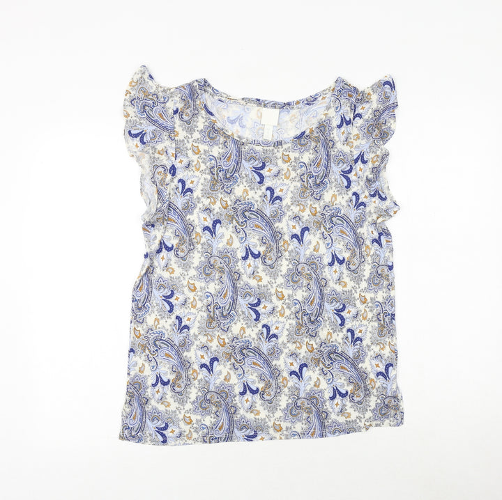 H&M Womens Blue Geometric Viscose Basic Blouse Size M Round Neck