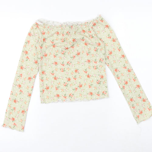 New Look Womens Green Floral Polyester Basic Blouse Size 8 Off the Shoulder