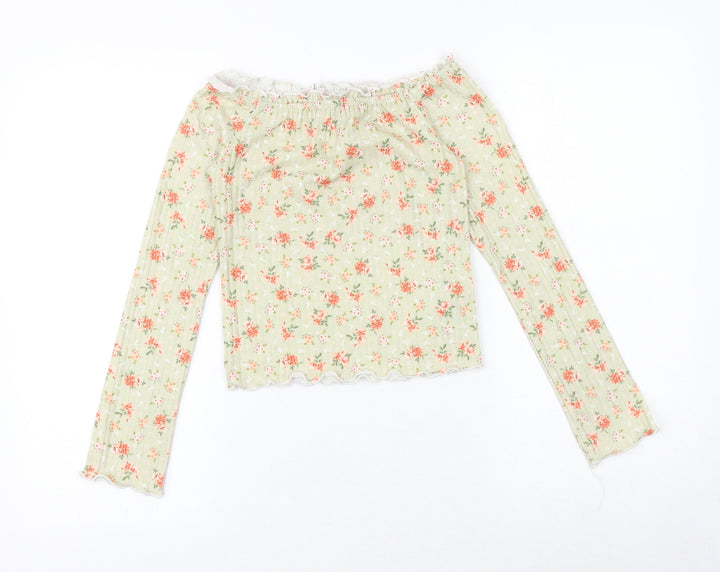 New Look Womens Green Floral Polyester Basic Blouse Size 8 Off the Shoulder