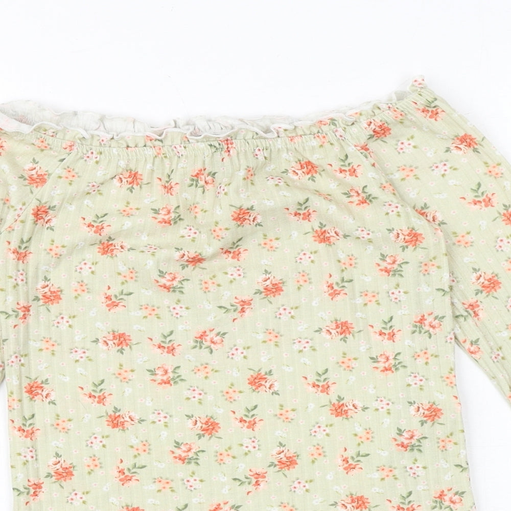 New Look Womens Green Floral Polyester Basic Blouse Size 8 Off the Shoulder