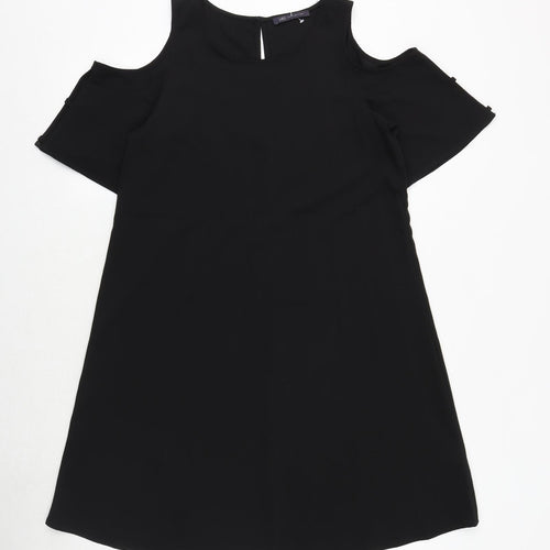 Marks and Spencer Womens Black Polyester T-Shirt Dress Size 10 Round Neck Button - Cold Shoulder