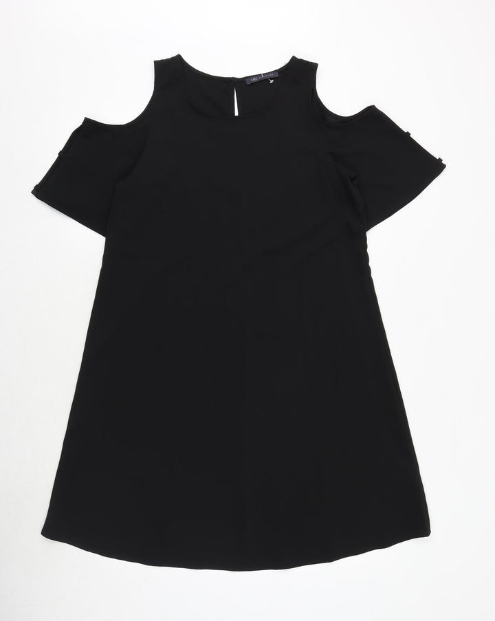 Marks and Spencer Womens Black Polyester T-Shirt Dress Size 10 Round Neck Button - Cold Shoulder