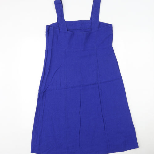 Kenar Womens Blue Linen Pinafore/Dungaree Dress Size 14 Square Neck Zip