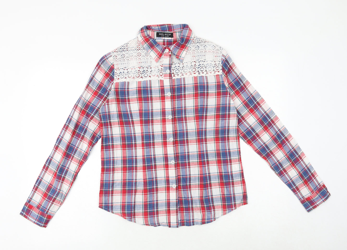 Select Womens Multicoloured Plaid 100% Cotton Basic Button-Up Size 12 Collared - Lace Details