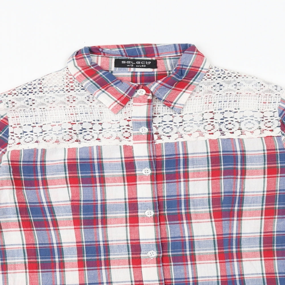 Select Womens Multicoloured Plaid 100% Cotton Basic Button-Up Size 12 Collared - Lace Details