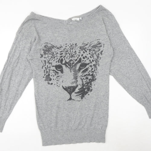 New Look Womens Grey Boat Neck Polyamide Pullover Jumper Size 8 - Leopard