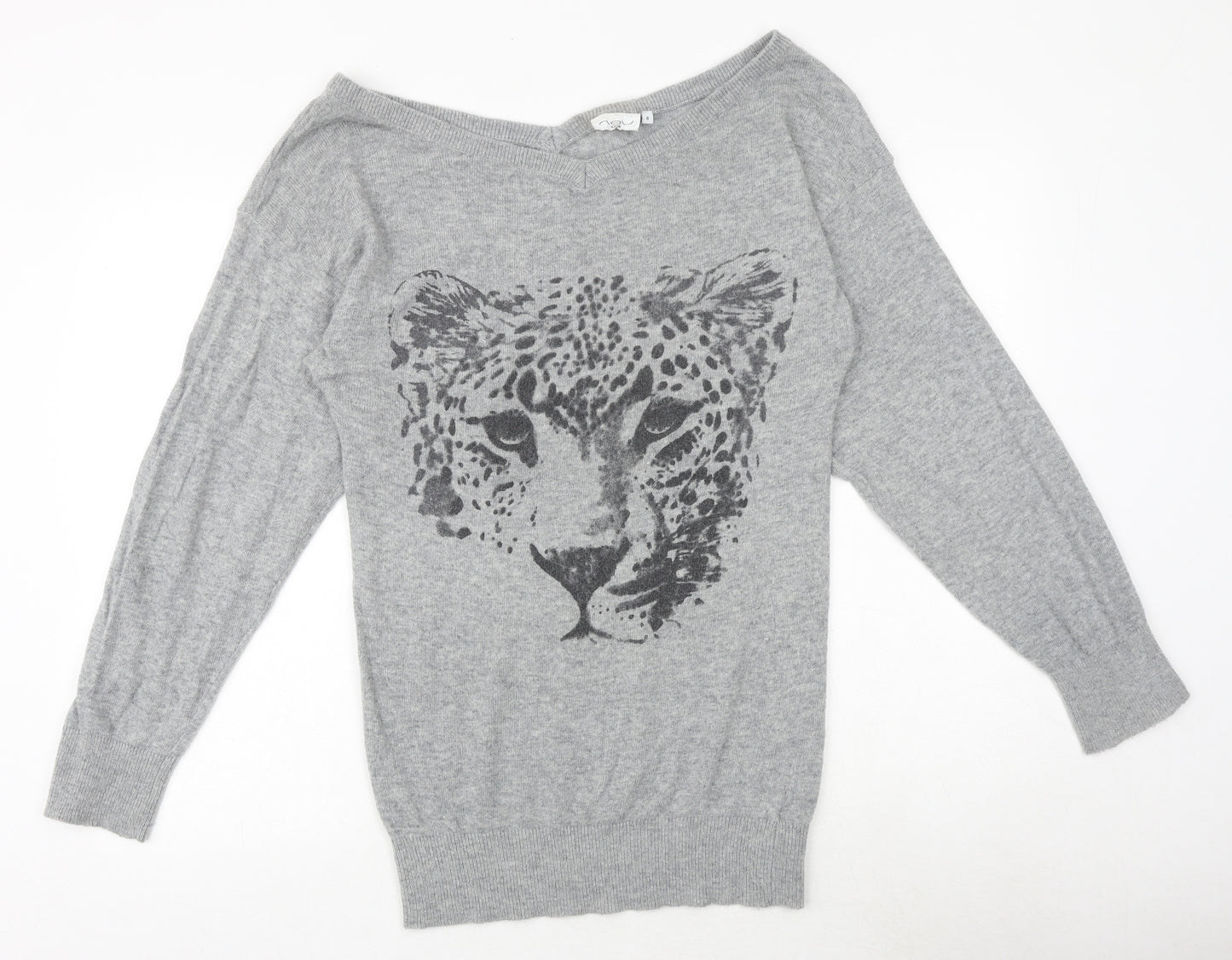 New Look Womens Grey Boat Neck Polyamide Pullover Jumper Size 8 - Leopard
