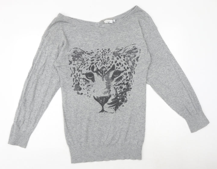 New Look Womens Grey Boat Neck Polyamide Pullover Jumper Size 8 - Leopard
