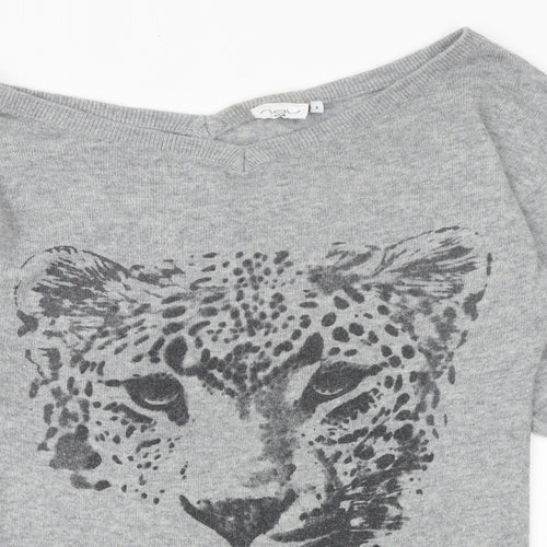 New Look Womens Grey Boat Neck Polyamide Pullover Jumper Size 8 - Leopard