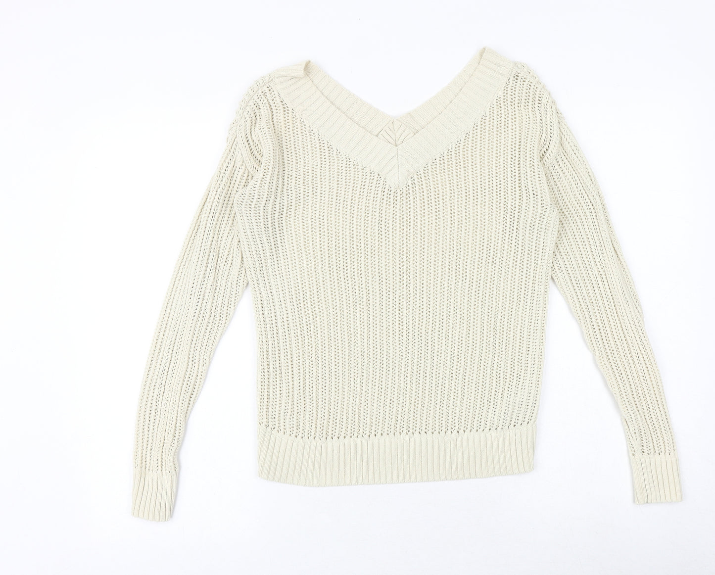 NEXT Womens Beige V-Neck 100% Cotton Pullover Jumper Size XS
