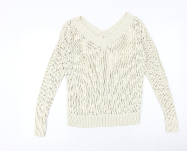 NEXT Womens Beige V-Neck 100% Cotton Pullover Jumper Size XS