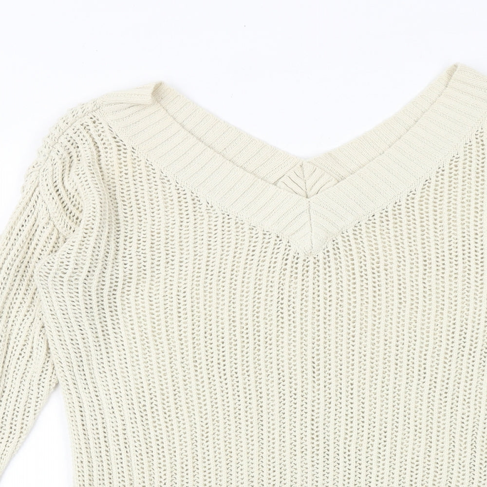 NEXT Womens Beige V-Neck 100% Cotton Pullover Jumper Size XS