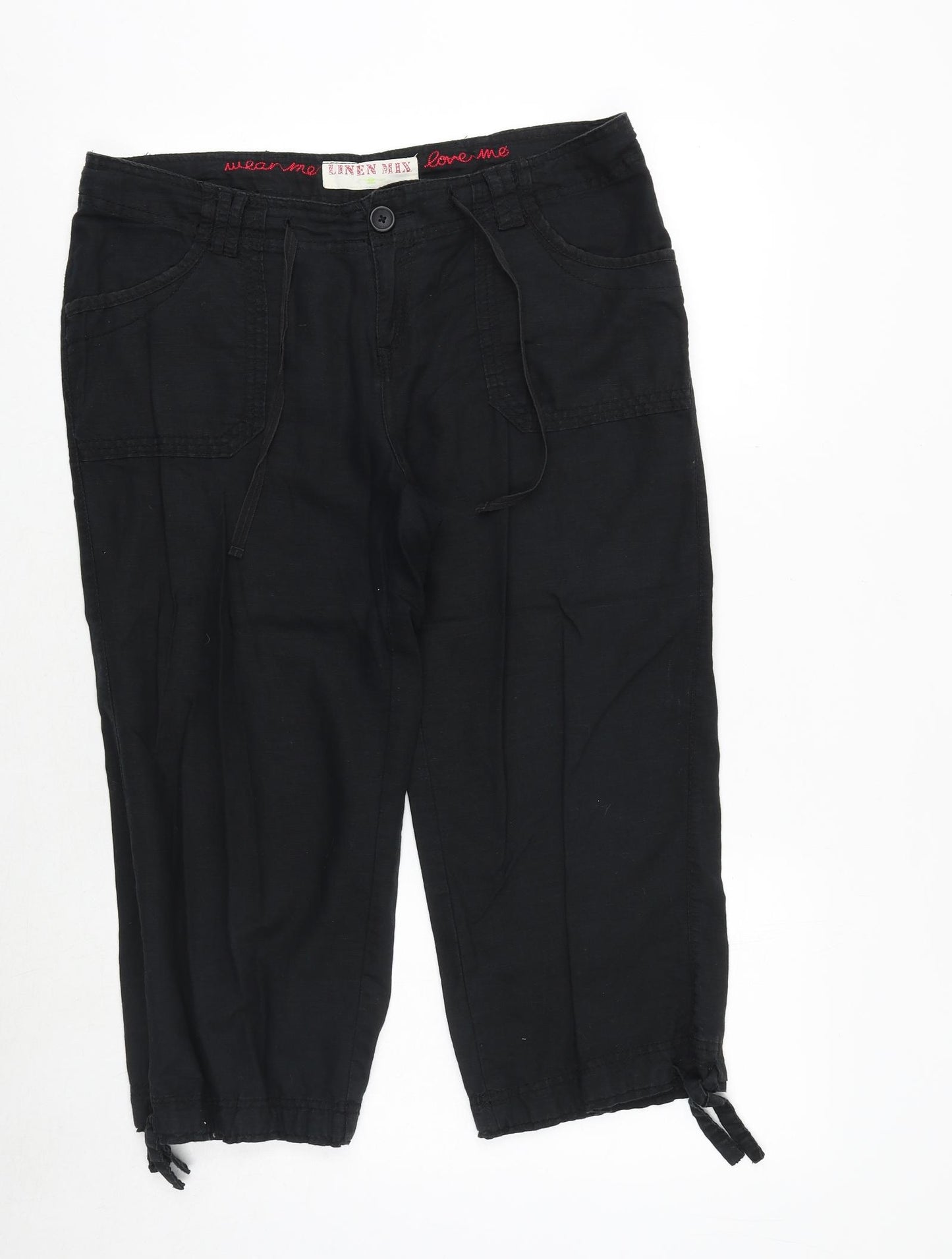 New Look Womens Black Linen Cropped Trousers Size 12 Regular Zip