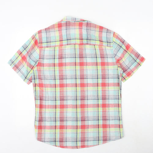 M&Co Mens Multicoloured Plaid Linen Polo Size S Collared Button