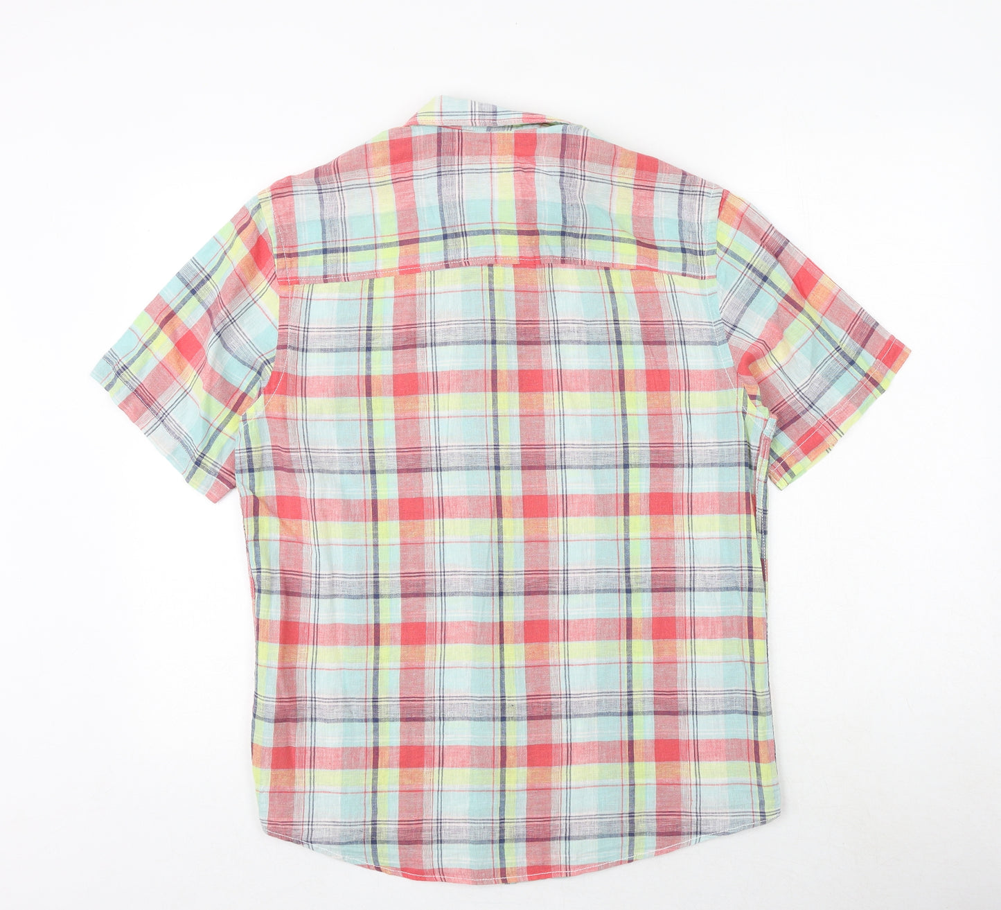 M&Co Mens Multicoloured Plaid Linen Polo Size S Collared Button