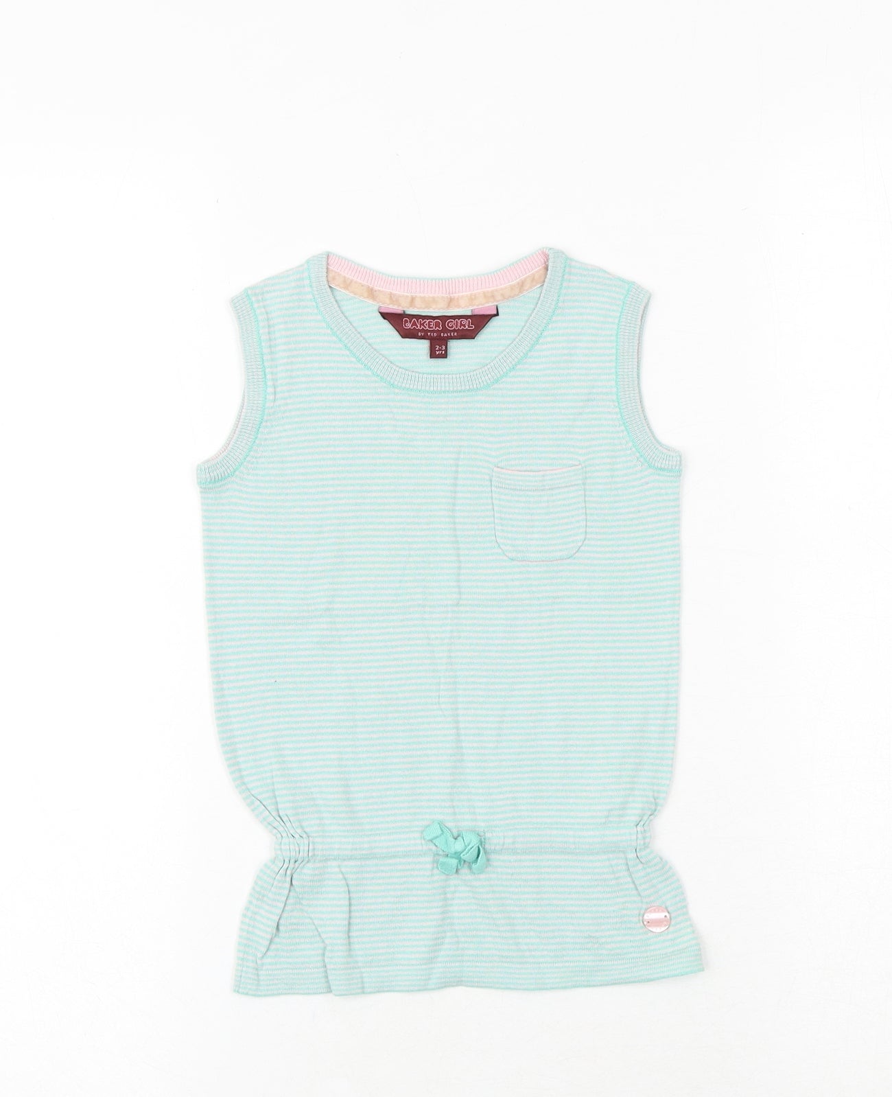 Ted Baker Girls Green Striped 100% Cotton Basic Tank Size 2-3 Years Round Neck Pullover