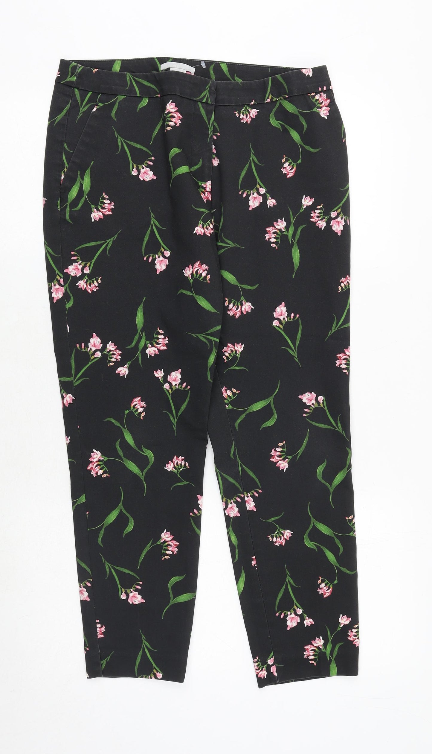 H&M Womens Black Floral Cotton Trousers Size 10 Regular Zip