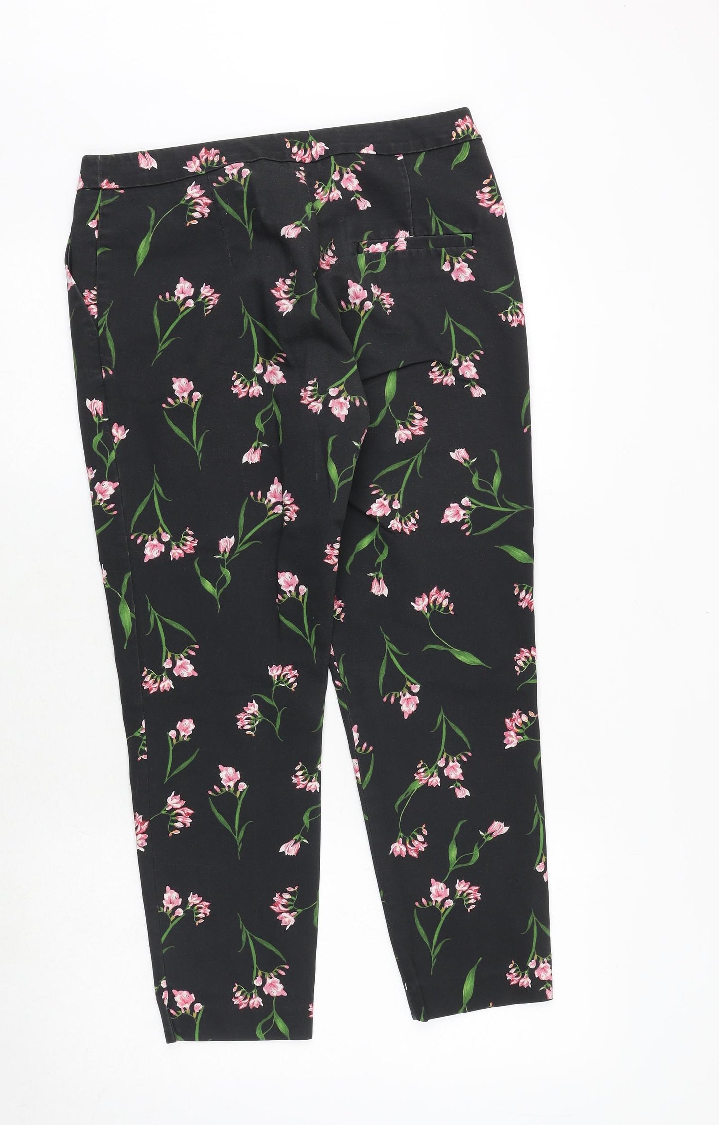 H&M Womens Black Floral Cotton Trousers Size 10 Regular Zip