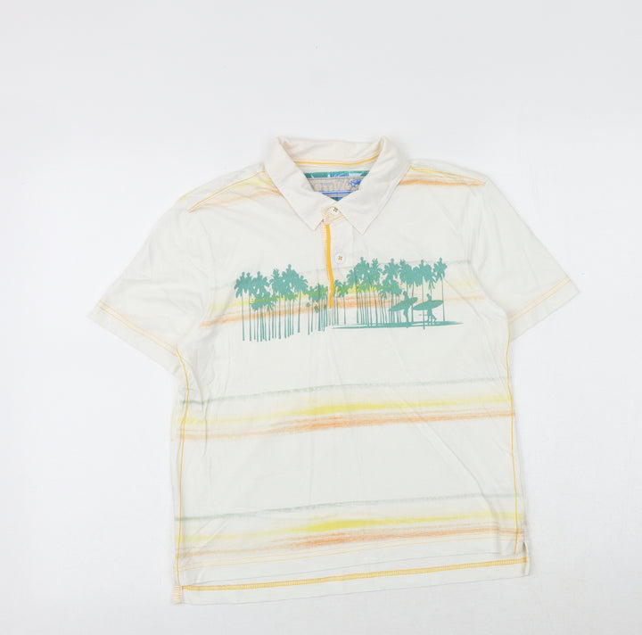 Marks and Spencer Boys White Striped 100% Cotton Basic Polo Size 9-10 Years Collared Button - Surfers