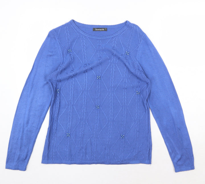 Bonmarché Womens Blue Boat Neck Acrylic Pullover Jumper Size S - Textured