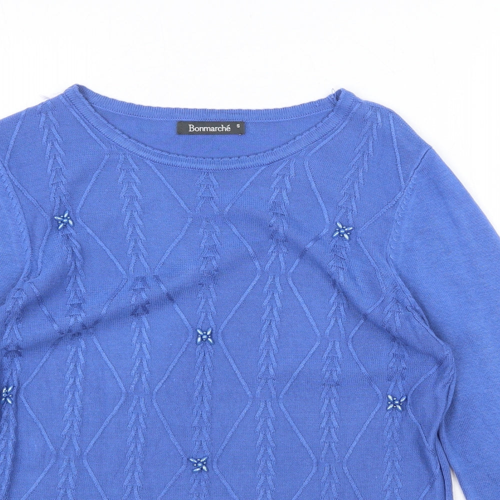Bonmarché Womens Blue Boat Neck Acrylic Pullover Jumper Size S - Textured