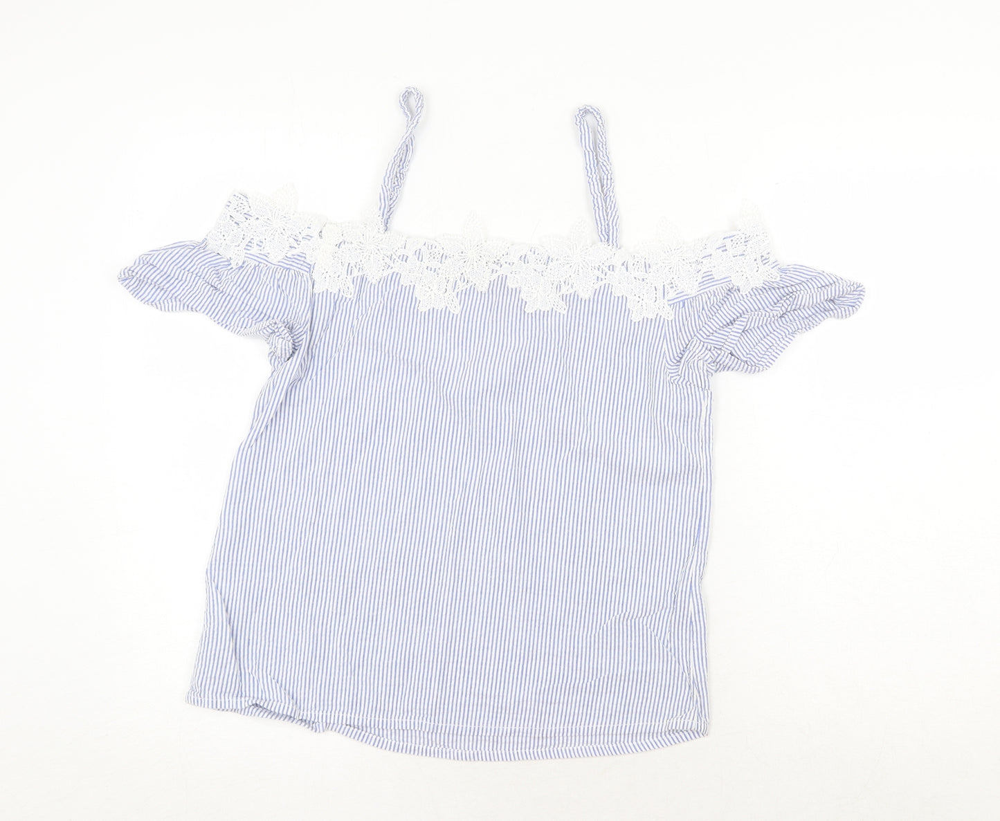 New Look Womens Blue Striped Cotton Basic Blouse Size 10 Square Neck - Lace Details, Cold Shoulder
