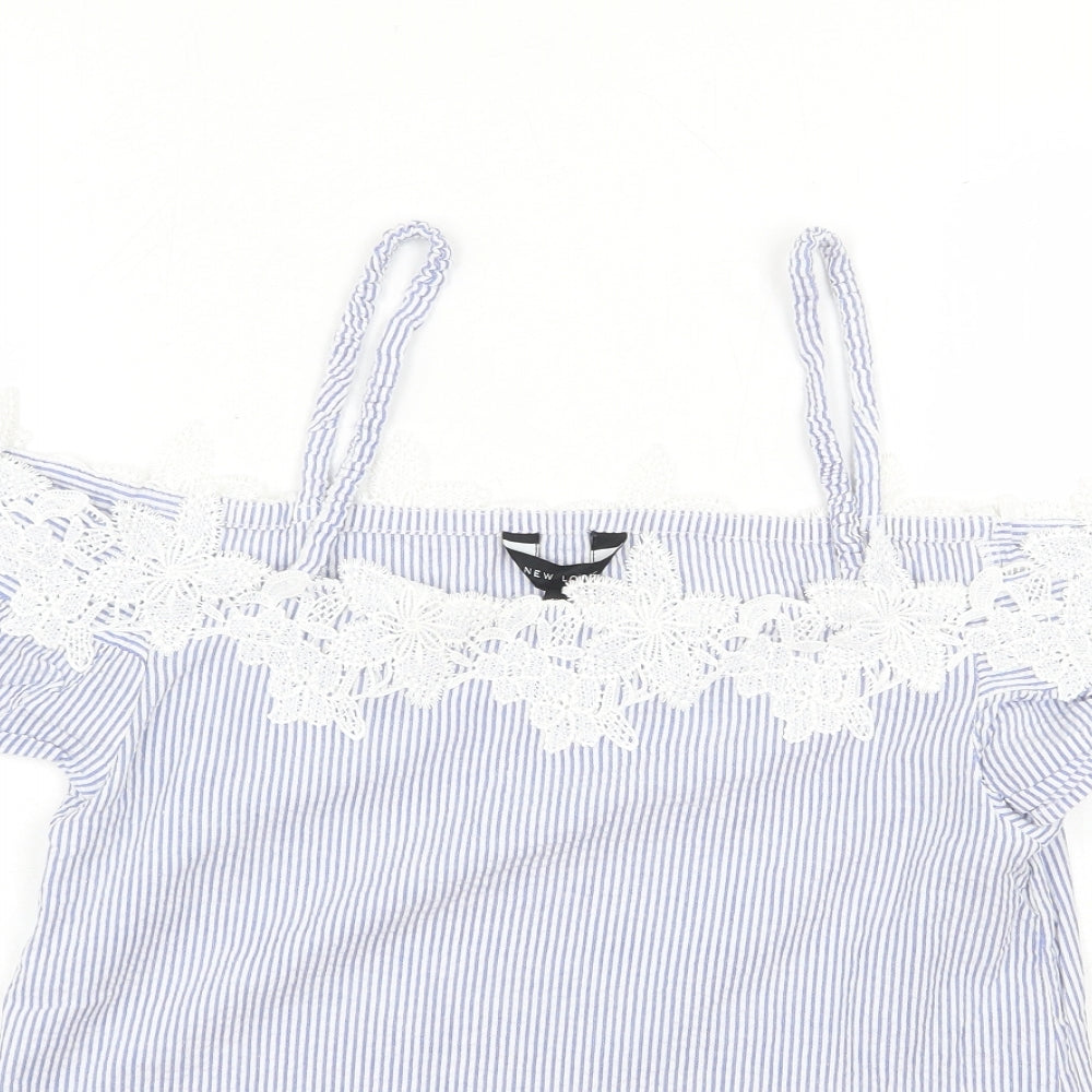 New Look Womens Blue Striped Cotton Basic Blouse Size 10 Square Neck - Lace Details, Cold Shoulder