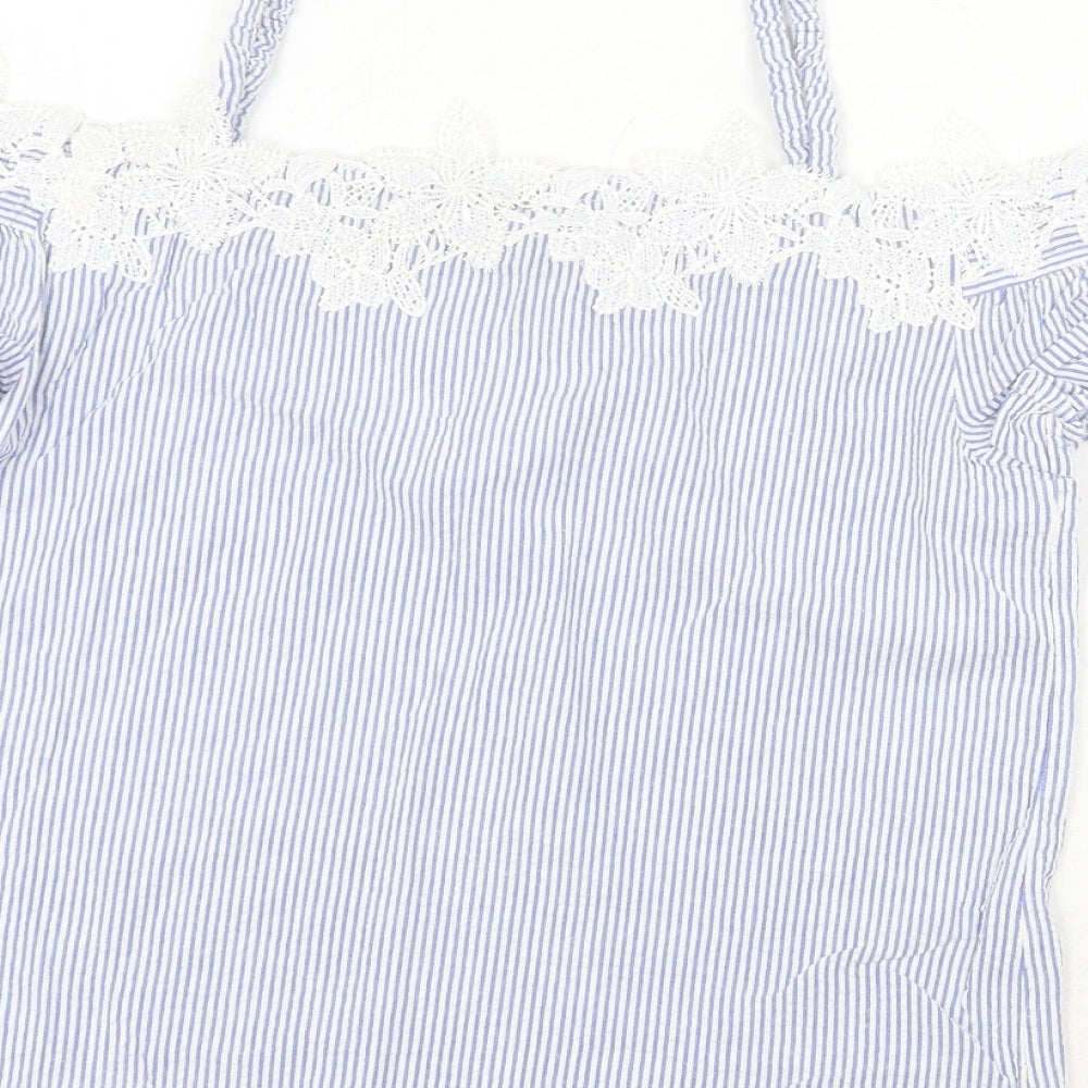 New Look Womens Blue Striped Cotton Basic Blouse Size 10 Square Neck - Lace Details, Cold Shoulder