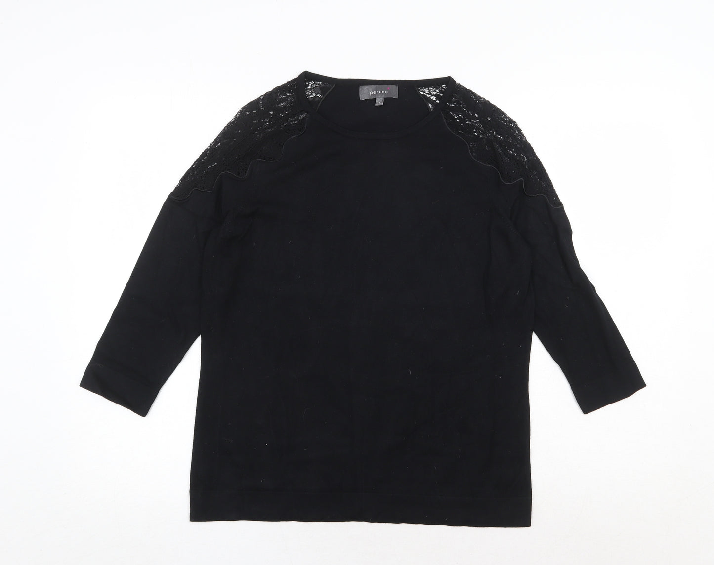 Marks and Spencer Womens Black Cotton Basic Blouse Size 14 Round Neck - Lace Detail