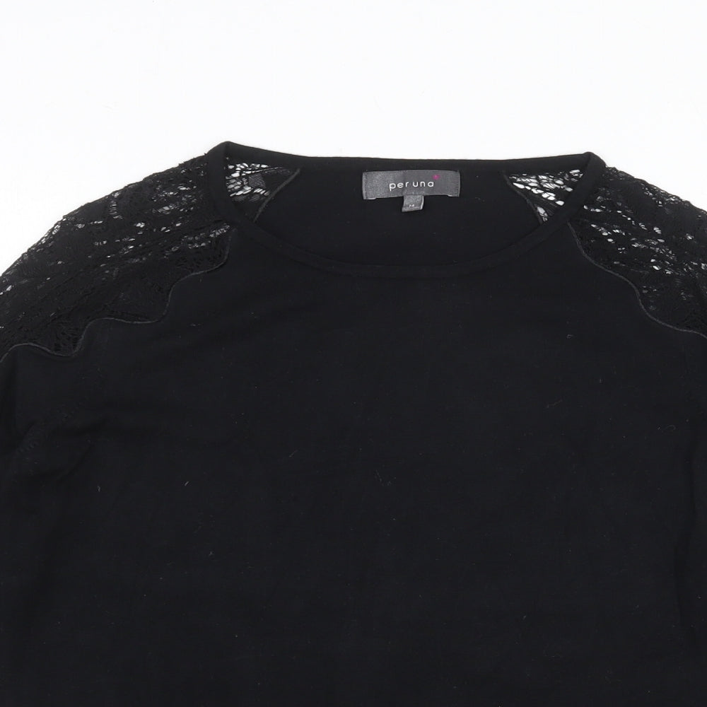 Marks and Spencer Womens Black Cotton Basic Blouse Size 14 Round Neck - Lace Detail