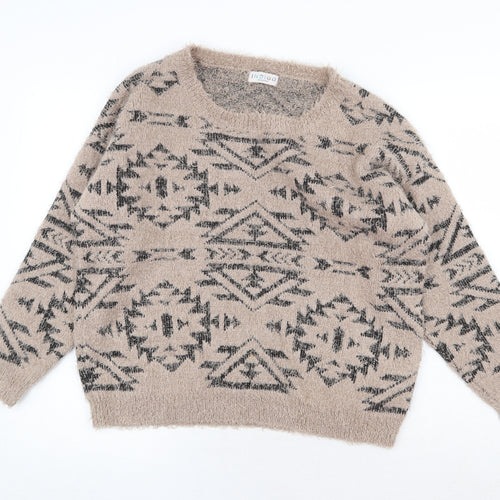 Marks and Spencer Womens Beige Boat Neck Geometric Polyester Pullover Jumper Size 16