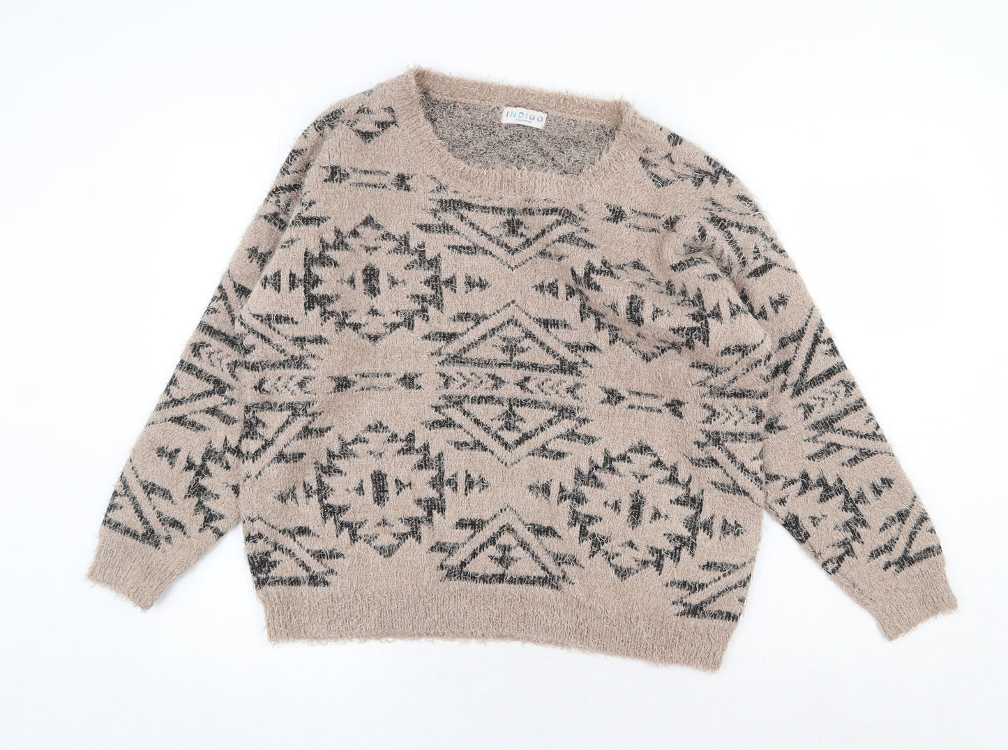 Marks and Spencer Womens Beige Boat Neck Geometric Polyester Pullover Jumper Size 16