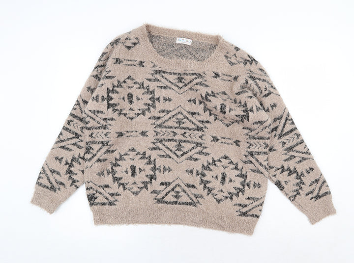 Marks and Spencer Womens Beige Boat Neck Geometric Polyester Pullover Jumper Size 16