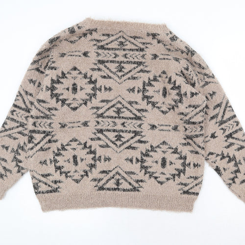 Marks and Spencer Womens Beige Boat Neck Geometric Polyester Pullover Jumper Size 16