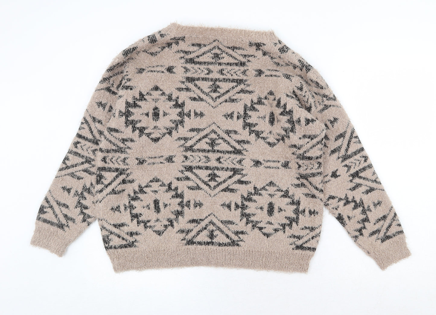 Marks and Spencer Womens Beige Boat Neck Geometric Polyester Pullover Jumper Size 16