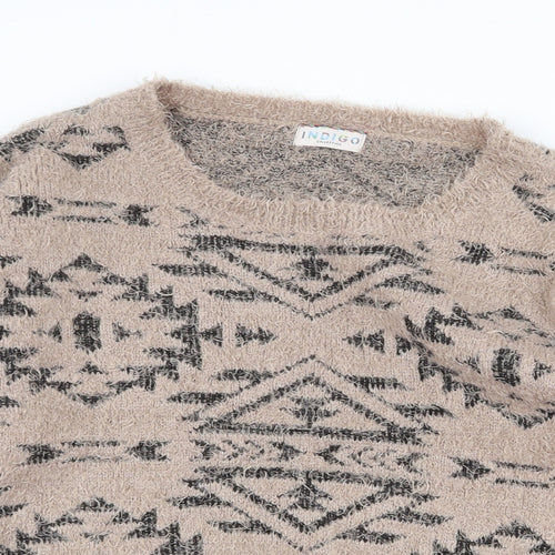 Marks and Spencer Womens Beige Boat Neck Geometric Polyester Pullover Jumper Size 16
